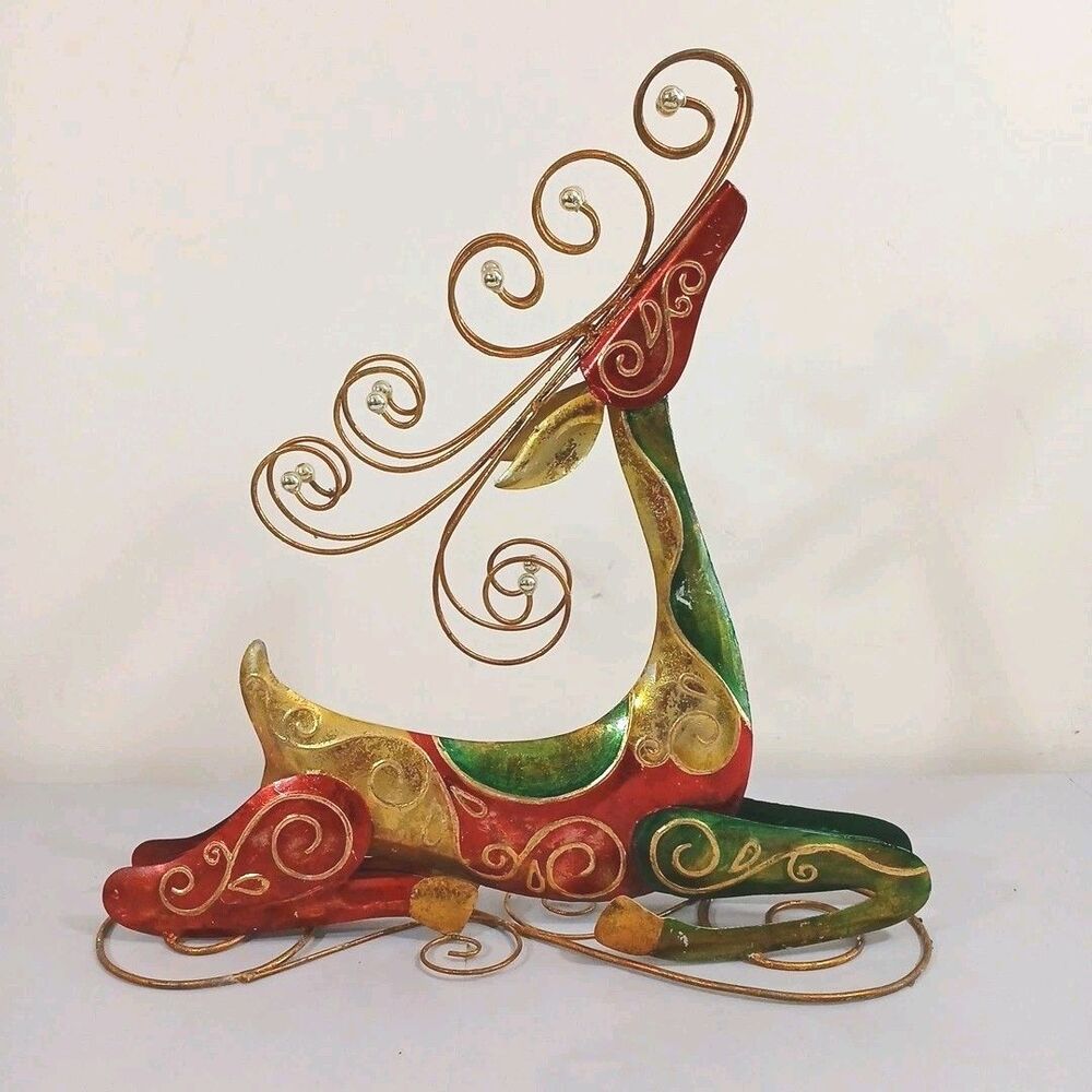 Rare Vtg Pier 1 One Christmas Reindeer Red Gold Green Figurine Home Decor 16x16